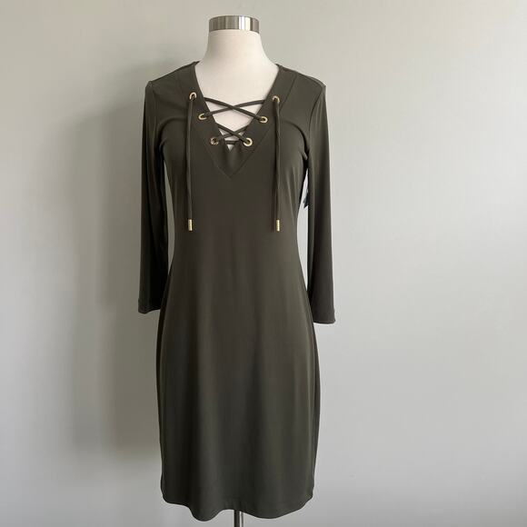 Calvin Klein Lace Up Long Sleeve Dress Soft Slinky Packable 4 Olive Green NWT - Picture 1 of 7